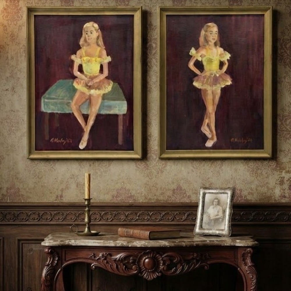 Vintage 1956 R Harley Ballerina Oil Paintings Pair Mid Century Framed 18x14